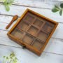Premium Wooden Spice Box 8"x8"x2" with 9 Compartments, Spoon & Clear Lid