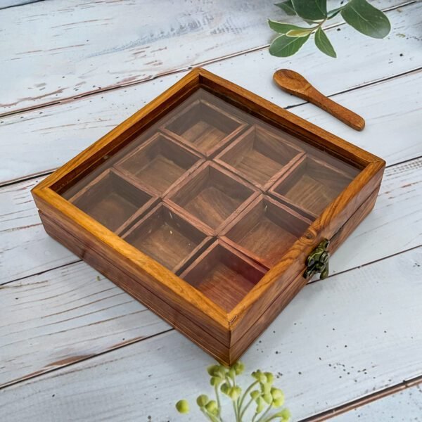 Premium Wooden Spice Box 8"x8"x2" with 9 Compartments, Spoon & Clear Lid - Image 2