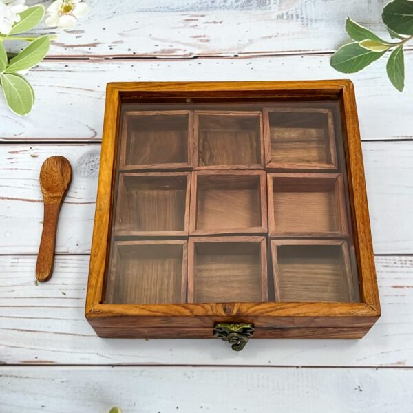 Premium Wooden Spice Box 8"x8"x2" with 9 Compartments, Spoon & Clear Lid - Image 3