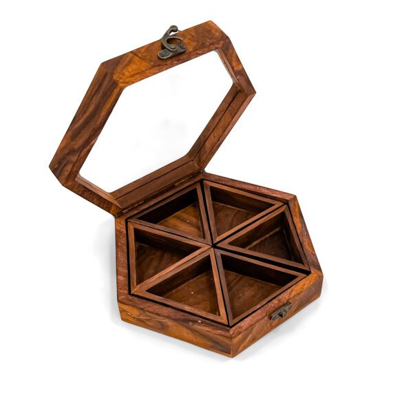 Rustic Elegant Hexagon Wooden Spice Box 8"x8"x2.4" inches | Handcrafted Masala Organizer with 6 Compartments & Spoon - Image 3