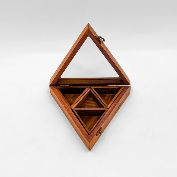 Exquisite Triangle Wooden Spice Box 9.8"x9.8"x2.4" inches | Handcrafted Masala Dabba with Transparent Lid & Spoon - Image 4