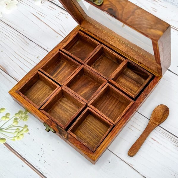 Premium Wooden Spice Box 8"x8"x2" with 9 Compartments, Spoon & Clear Lid - Image 4