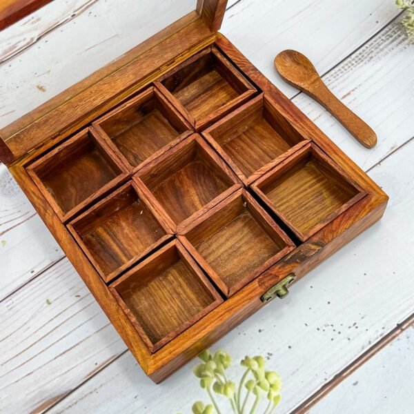 Premium Wooden Spice Box 8"x8"x2" with 9 Compartments, Spoon & Clear Lid - Image 5