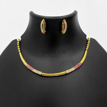 AD Stone Modern Necklace Set – Sleek Golden Finish with Pink & White Stones