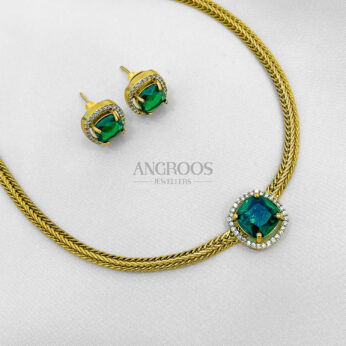 Emerald Stone Chain Necklace Set – 9 Inch Golden Braided Chain with Matching Studs