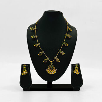Green Stone Haram Set with Pearl Drops – 22 Inch Traditional Necklace & Earrings Set
