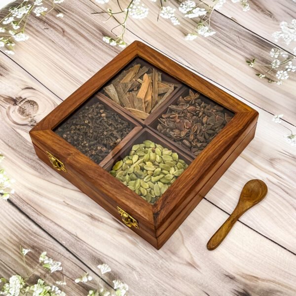 Luxury Wooden Spice Box with 4 Compartments – Cardamom, Clove, Cinnamon & Star Anise | 8x8 Masala Organizer with Glass Lid