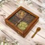 Luxury Wooden Spice Box with 4 Compartments – Cardamom, Clove, Cinnamon & Star Anise | 8x8 Masala Organizer with Glass Lid