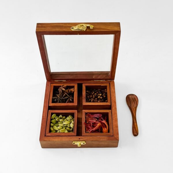 Square Wooden Spice Box with 4 Compartments – Cardamom, Clove, Mace & Star Anise Masala Dabba - Image 2