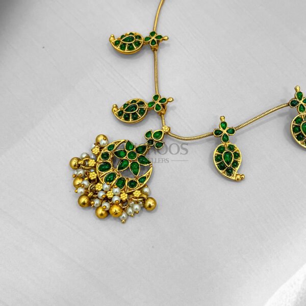 Green Stone Haram Set with Pearl Drops – 22 Inch Traditional Necklace & Earrings Set - Image 2