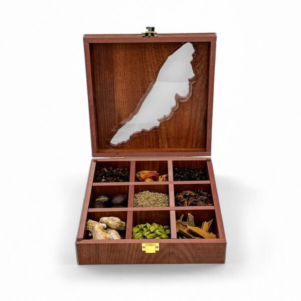 Kerala Themed Wooden Spices Box with Kerala Map Lid – 9-Compartment Handcrafted Masala Organizer – 8x8x2.6 inch with Spoon - Image 2
