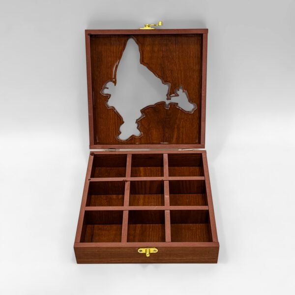 India Themed Wooden Spices Box with India Map Cut Lid – 9-Compartment Handcrafted Masala Organizer – 8x8x2.6 inch with Spoon - Image 2