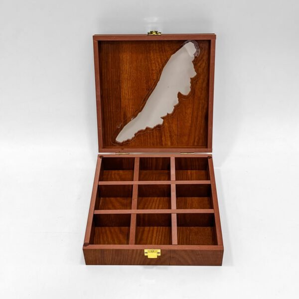 Empty Kerala Map Wooden Spice Box – 9-Compartment Handcrafted Organizer with Spoon – 8x8x2.6 inch - Image 2