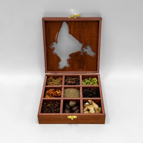 India Map Wooden Spice Box – 9-Compartment Handcrafted Masala Organizer with Whole Spices – 8x8x2.6 inch - Image 2