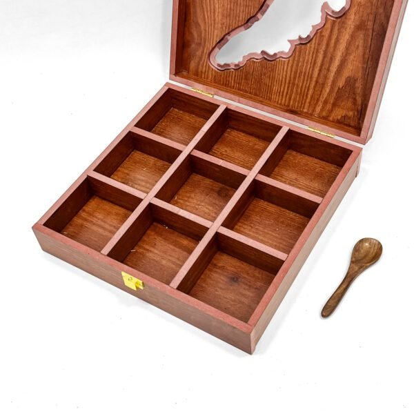 Large Kerala Map Wooden Spice Box – 9-Compartment Handcrafted Organizer with Spoon – 10x10x2.5 inch (Empty) - Image 2