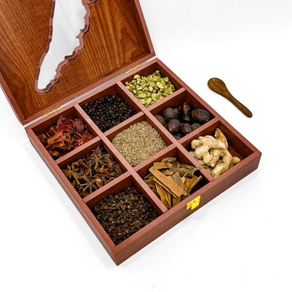 Kerala Map Spice Box with Whole Spices – 10x10 inch Wooden Organizer with Spoon | 9 Compartments - Image 2