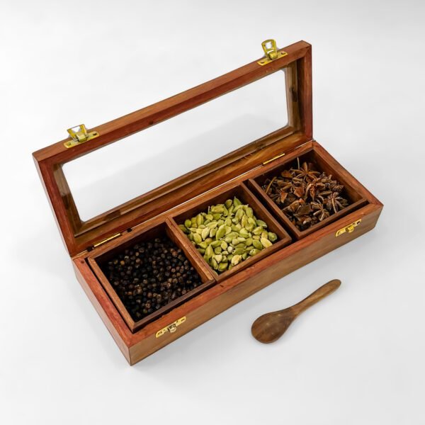 Handcrafted Wooden Spice Box with Glass Lid – 11.5 x 4.5 x 2 Inch – 3 Compartments with Spoon – Rustic Kitchen Organizer - Image 2