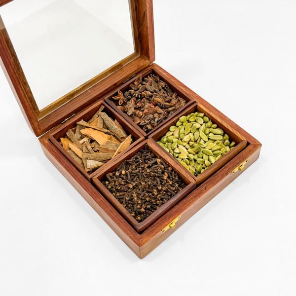Luxury Wooden Spice Box with 4 Compartments – Cardamom, Clove, Cinnamon & Star Anise | 8x8 Masala Organizer with Glass Lid - Image 2