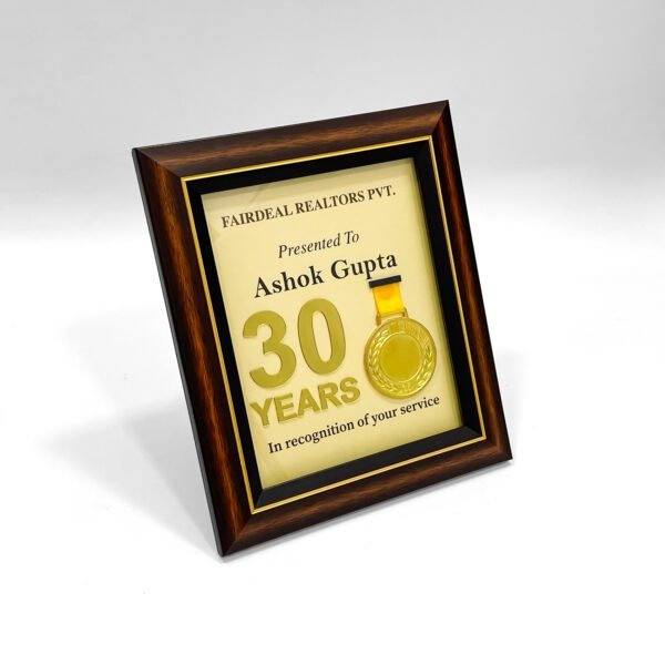 Personalised Service Momento – 30 Years Custom Wooden Frame with Golden Medal Design - Image 2