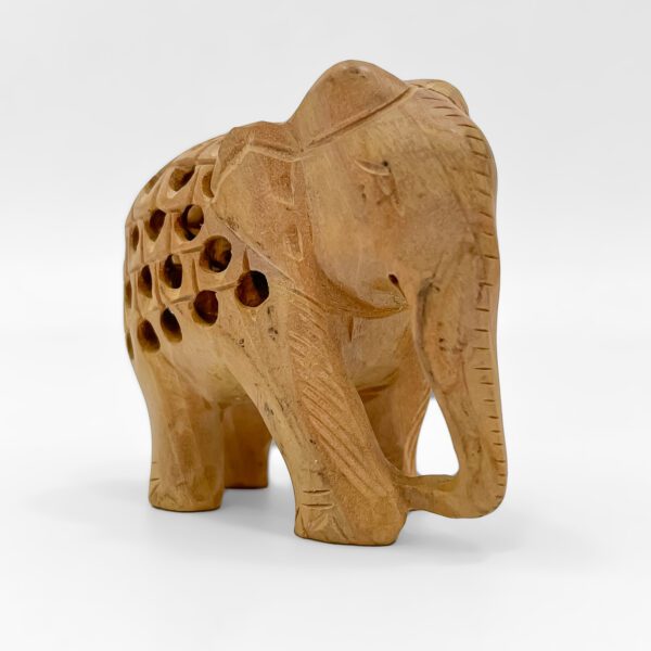 Small Hand-Carved Wooden Elephant with Trunk Down – Indian Jali Art Figurine - Image 3