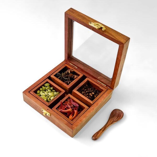 Square Wooden Spice Box with 4 Compartments – Cardamom, Clove, Mace & Star Anise Masala Dabba - Image 3