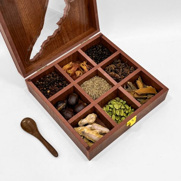 Kerala Themed Wooden Spices Box with Kerala Map Lid – 9-Compartment Handcrafted Masala Organizer – 8x8x2.6 inch with Spoon - Image 3