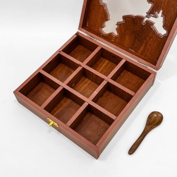 India Themed Wooden Spices Box with India Map Cut Lid – 9-Compartment Handcrafted Masala Organizer – 8x8x2.6 inch with Spoon - Image 3