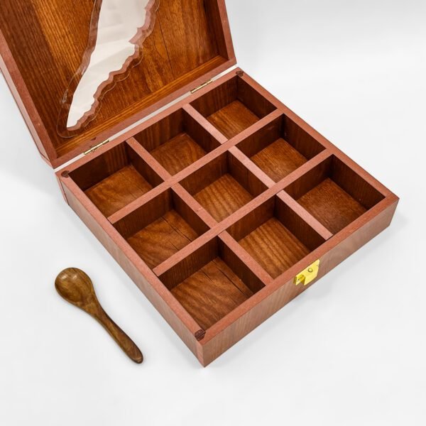 Empty Kerala Map Wooden Spice Box – 9-Compartment Handcrafted Organizer with Spoon – 8x8x2.6 inch - Image 3