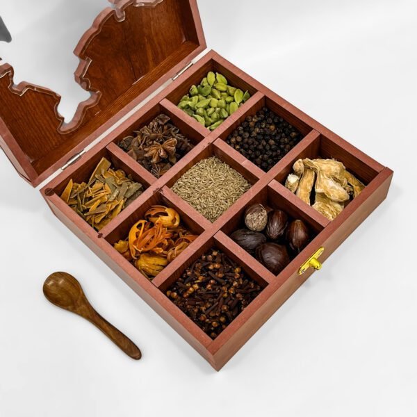 India Map Wooden Spice Box – 9-Compartment Handcrafted Masala Organizer with Whole Spices – 8x8x2.6 inch - Image 3