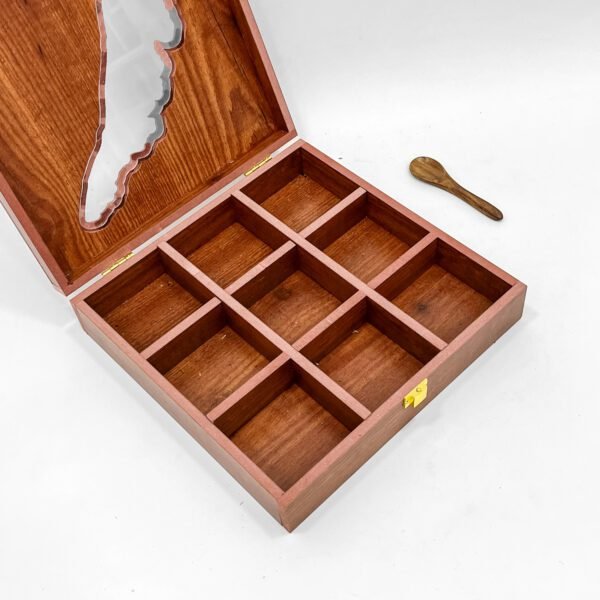 Large Kerala Map Wooden Spice Box – 9-Compartment Handcrafted Organizer with Spoon – 10x10x2.5 inch (Empty) - Image 3