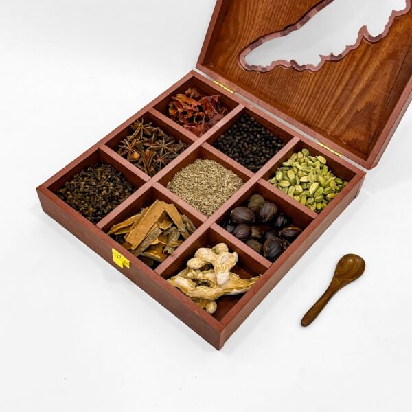 Kerala Map Spice Box with Whole Spices – 10x10 inch Wooden Organizer with Spoon | 9 Compartments - Image 3