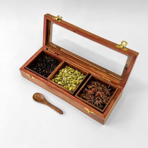 Handcrafted Wooden Spice Box with Glass Lid – 11.5 x 4.5 x 2 Inch – 3 Compartments with Spoon – Rustic Kitchen Organizer - Image 3
