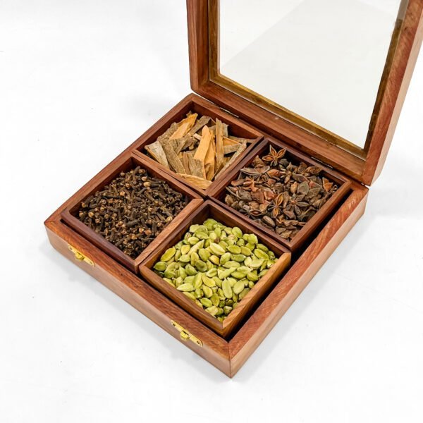 Luxury Wooden Spice Box with 4 Compartments – Cardamom, Clove, Cinnamon & Star Anise | 8x8 Masala Organizer with Glass Lid - Image 3