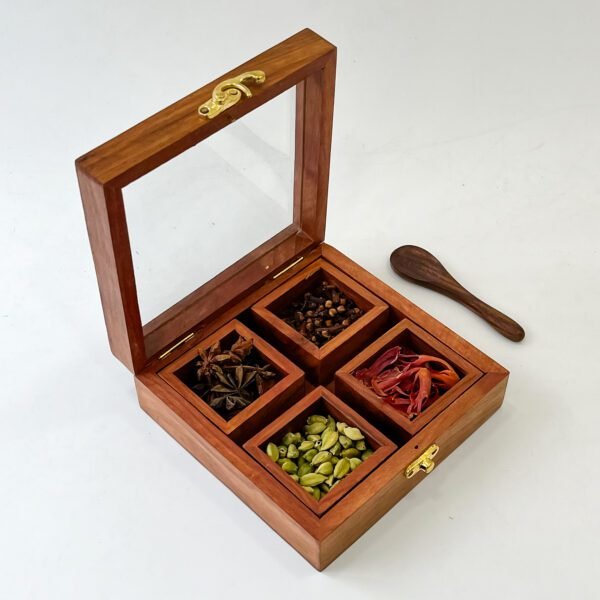 Square Wooden Spice Box with 4 Compartments – Cardamom, Clove, Mace & Star Anise Masala Dabba - Image 4