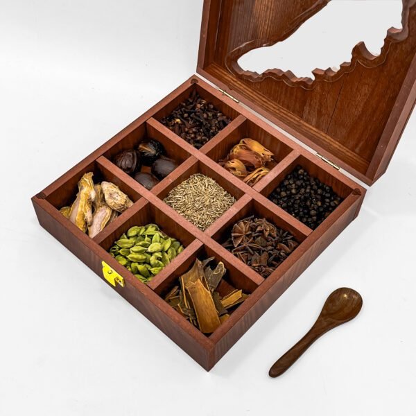 Kerala Themed Wooden Spices Box with Kerala Map Lid – 9-Compartment Handcrafted Masala Organizer – 8x8x2.6 inch with Spoon - Image 4