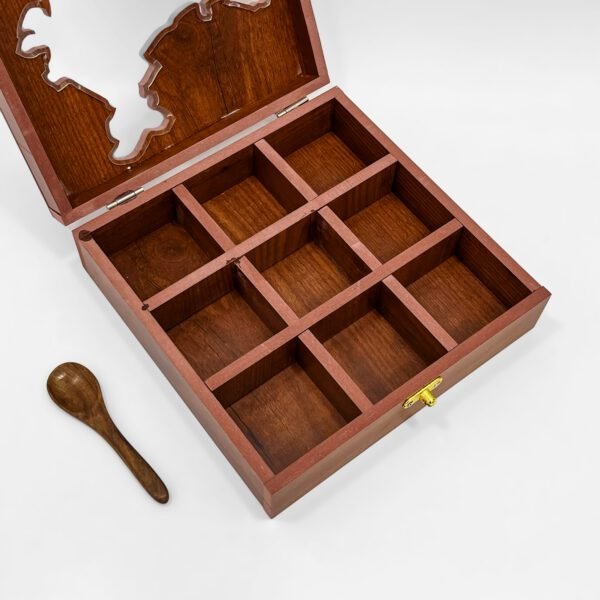India Themed Wooden Spices Box with India Map Cut Lid – 9-Compartment Handcrafted Masala Organizer – 8x8x2.6 inch with Spoon - Image 4