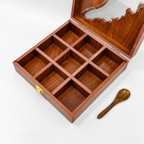 Empty Kerala Map Wooden Spice Box – 9-Compartment Handcrafted Organizer with Spoon – 8x8x2.6 inch - Image 4