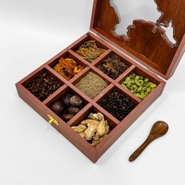 India Map Wooden Spice Box – 9-Compartment Handcrafted Masala Organizer with Whole Spices – 8x8x2.6 inch - Image 4