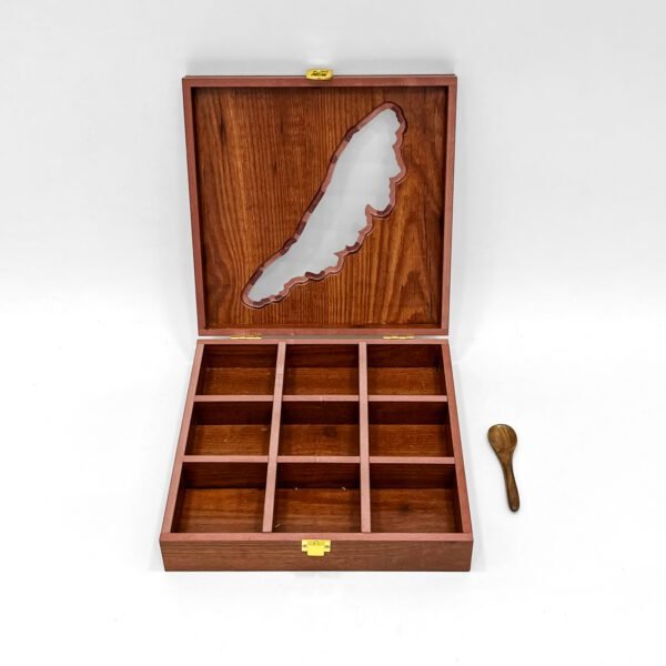 Large Kerala Map Wooden Spice Box – 9-Compartment Handcrafted Organizer with Spoon – 10x10x2.5 inch (Empty) - Image 4