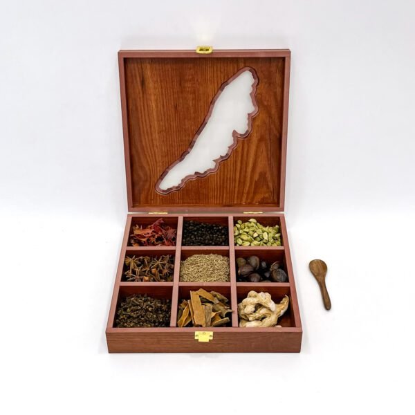 Kerala Map Spice Box with Whole Spices – 10x10 inch Wooden Organizer with Spoon | 9 Compartments - Image 4