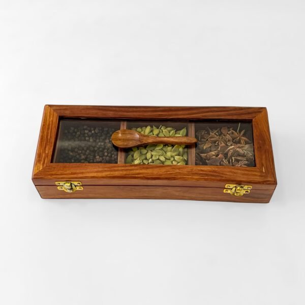 Handcrafted Wooden Spice Box with Glass Lid – 11.5 x 4.5 x 2 Inch – 3 Compartments with Spoon – Rustic Kitchen Organizer - Image 4