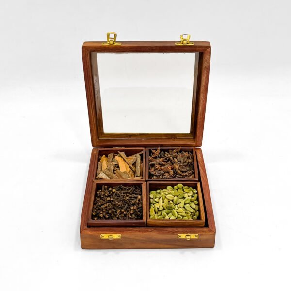 Luxury Wooden Spice Box with 4 Compartments – Cardamom, Clove, Cinnamon & Star Anise | 8x8 Masala Organizer with Glass Lid - Image 4