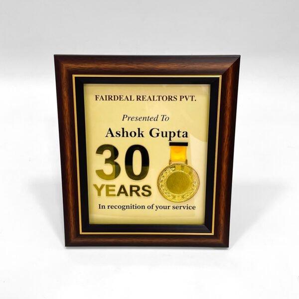 Personalised Service Momento – 30 Years Custom Wooden Frame with Golden Medal Design - Image 4