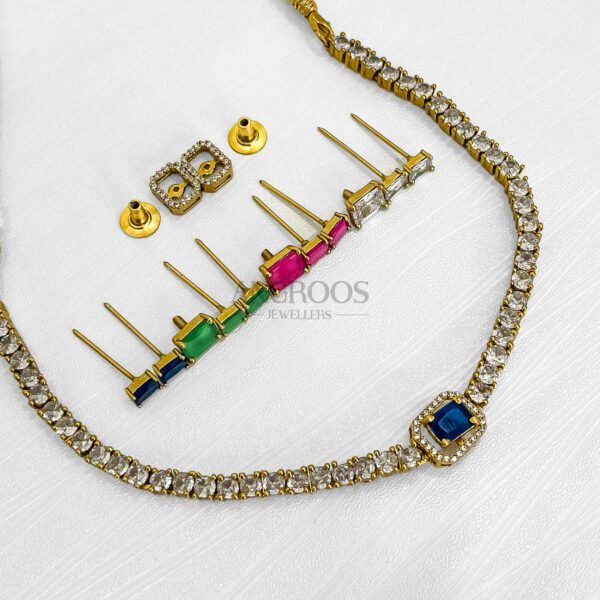 Stone Changeable Necklace Set with Pink Centerpiece & Stud Earrings – 9 Inch Adjustable Fit - Image 5