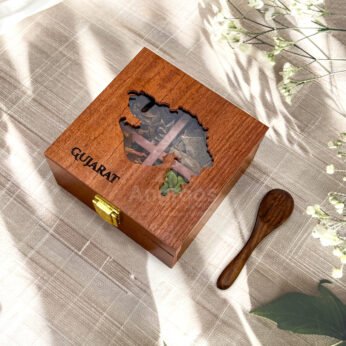 Authentic Gujarat Map Themed Spices Box – 5x5x2.5 inch Wooden Organizer with 4 Premium Whole Spices