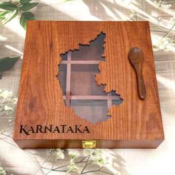 Prestige Karnataka Map Spice Chest – 10x10x2.5 inch Deluxe Wooden Masala Box with Transparent State Lid (Empty)