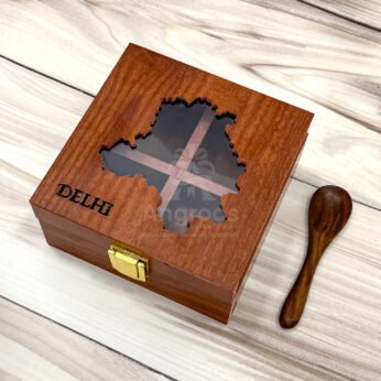 Compact Delhi Map Spice Keeper – 5x5x2.5 inch Mini Wooden Masala Box with State-Cut Lid (Empty)