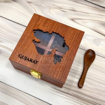 Essence of Gujarat – 5x5x2.5 inch Mini Wooden Spice Box with State-Shaped Lid (Empty)