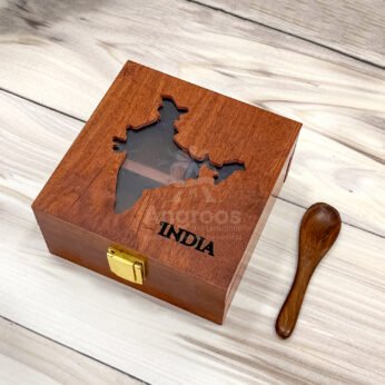Incredible India Mini Spice Tribute – 5x5x2.5 inch Wooden Map Box with 4 Compartments (Empty)