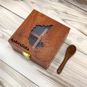 Classic Karnataka Mini Spice Vault – 5x5x2.5 inch Wooden Box with State Map Lid (Empty)
